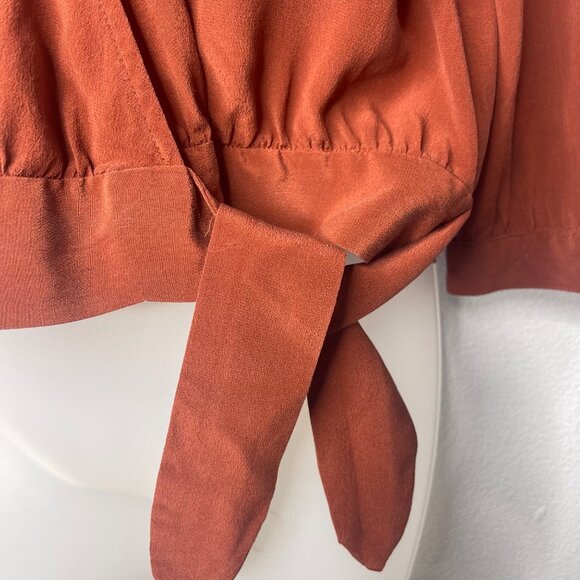Madewell Rust 3/4 Sleeve 100% Silk Wrap Blouse V-Neck Tie Waist Detail SZ M - Picture 3 of 12